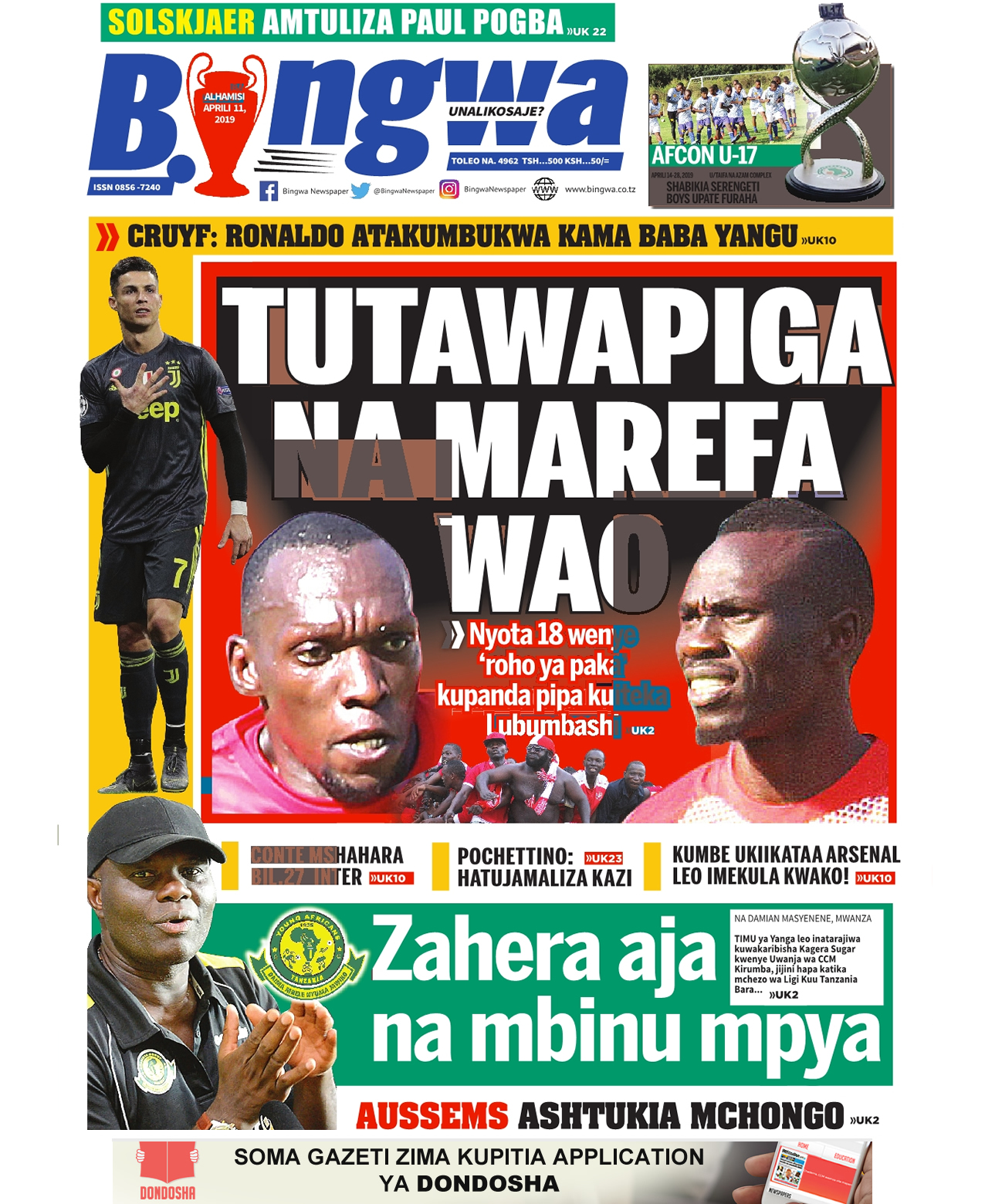 MAGAZETI YA LEO AL HAMISI APRIL 11,2019