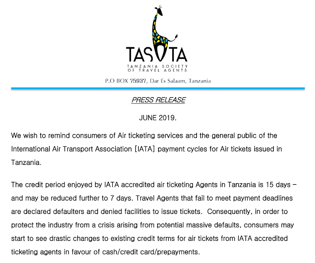 TASOTA remind the consumers of Air ticketing services and the general public of the International Air Transport Association (IATA) payment cycles for Air tickets issued in Tanzania