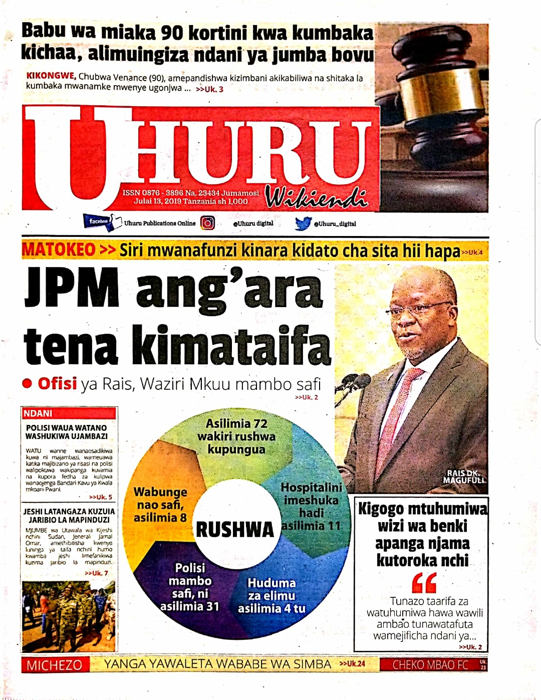 HABARI ZILIZOPO KATIKA MAGAZETI YA LEO JUMAMOSI JULY 13, 2019