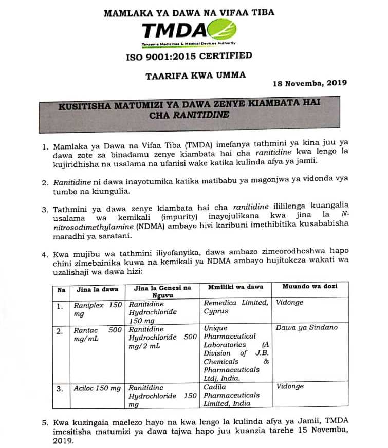 TAARIFA KWA UMMA YA KUSITISHA MATUMIZI YA DAWA ZENYE KIAMBATA HAI CHA RANITIDINE