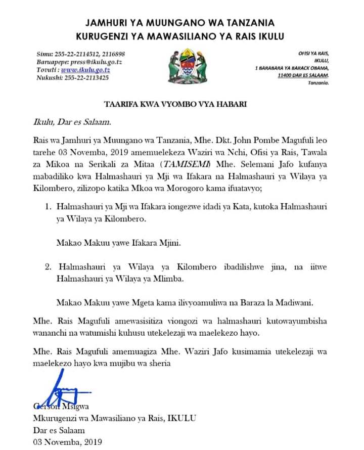Rais Magufuli aagiza kufanyika mabadiliko Halmashauri ya Mji Ifakara na Halmashauri ya Wilaya ya Kilombero