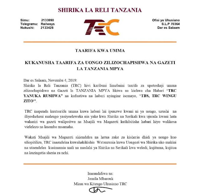 TRC YAKANUSHA TAARIFA ZILIZOCHAPISHWA NA GAZETI LA TANZANIA MPYA,