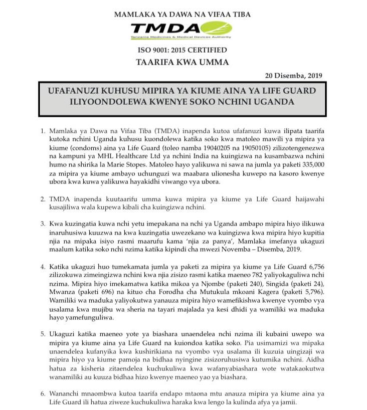 MAMLAKA YA DAWA NA VIFAA TIBA YATOA UFAFANUZI KUHUSU MIPIRA YA KIUME AINA YA LIFE GUARD